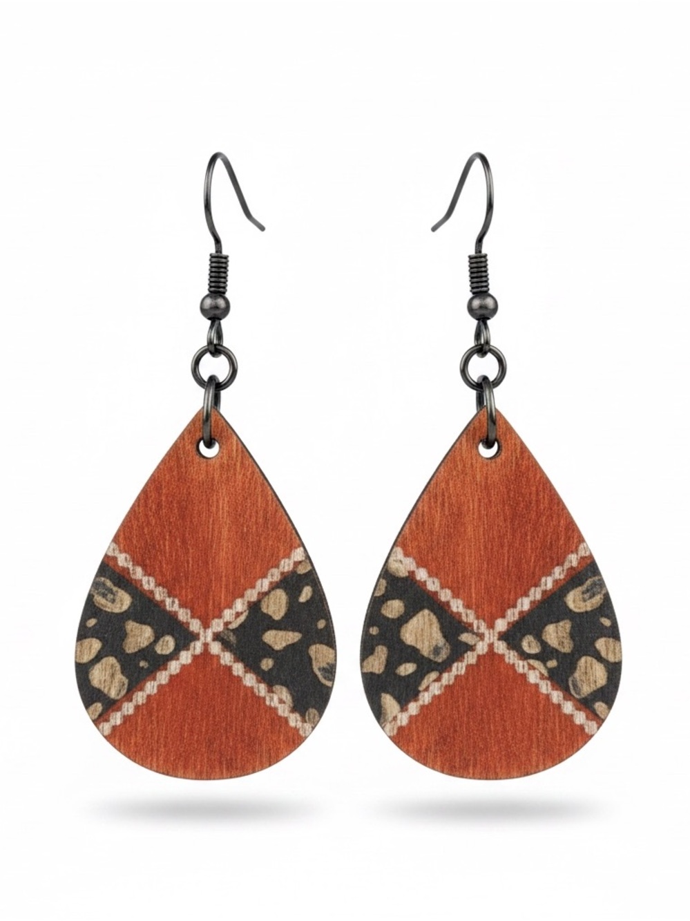 Women's Brown Teardrop Wood Earrings with Black Pattern